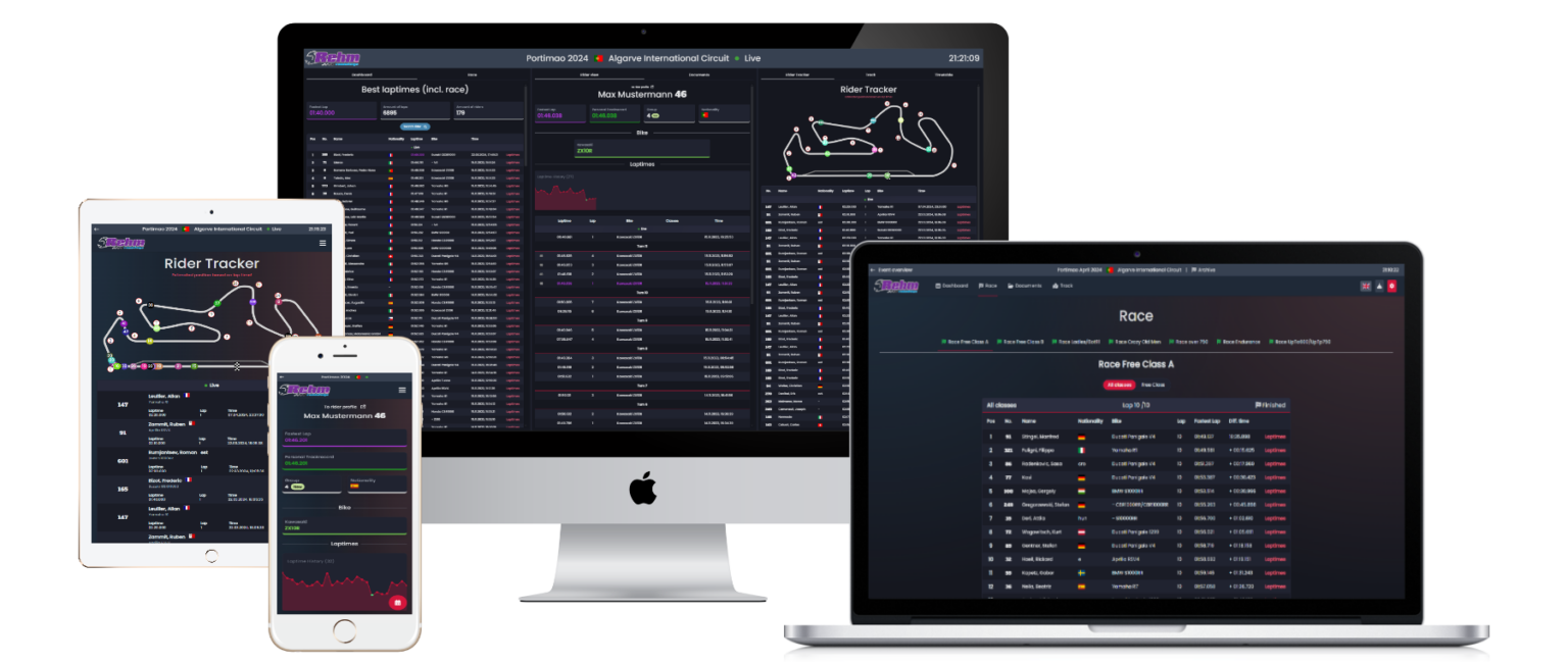 RaceNova live timing shown across desktop, laptop, tablet and phone