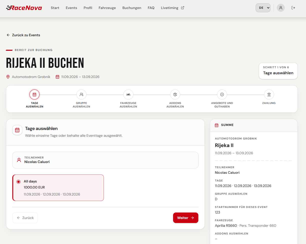 RaceNova Booking checkout flow for selecting event days, groups, vehicles, add-ons, and payment