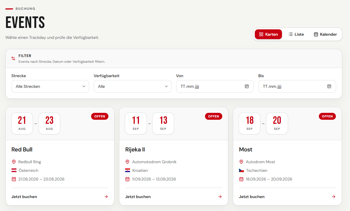 RaceNova Booking event listing with filters and upcoming event cards