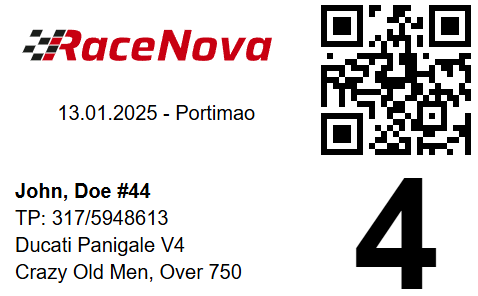 RaceNova QR bike label with rider and bike information