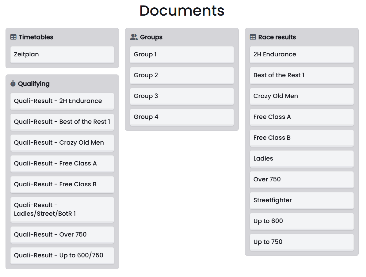 RaceNova documents view for riders and staff