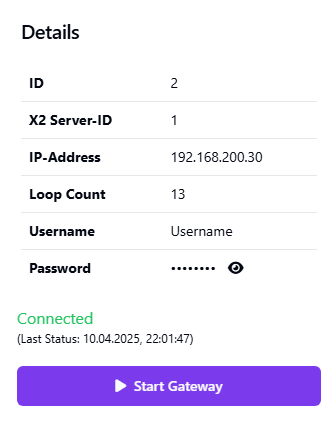 RaceNova Gateway-Verbindungsdetails